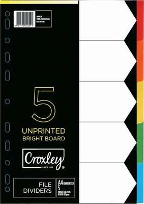 Croxley JD1479 A4 Unprinted Bright Board File Dividers - 5 Divisions (160gsm)(Bright Colours)