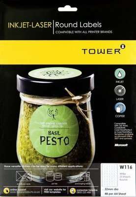 Tower W116 Inkjet-Laser DVD/CD Full Face Labels (25 sheets)(32mm)