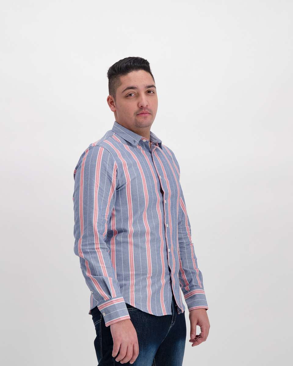 Brave Soul Striped Long Sleeve Oxford Shirt - Blue (M)