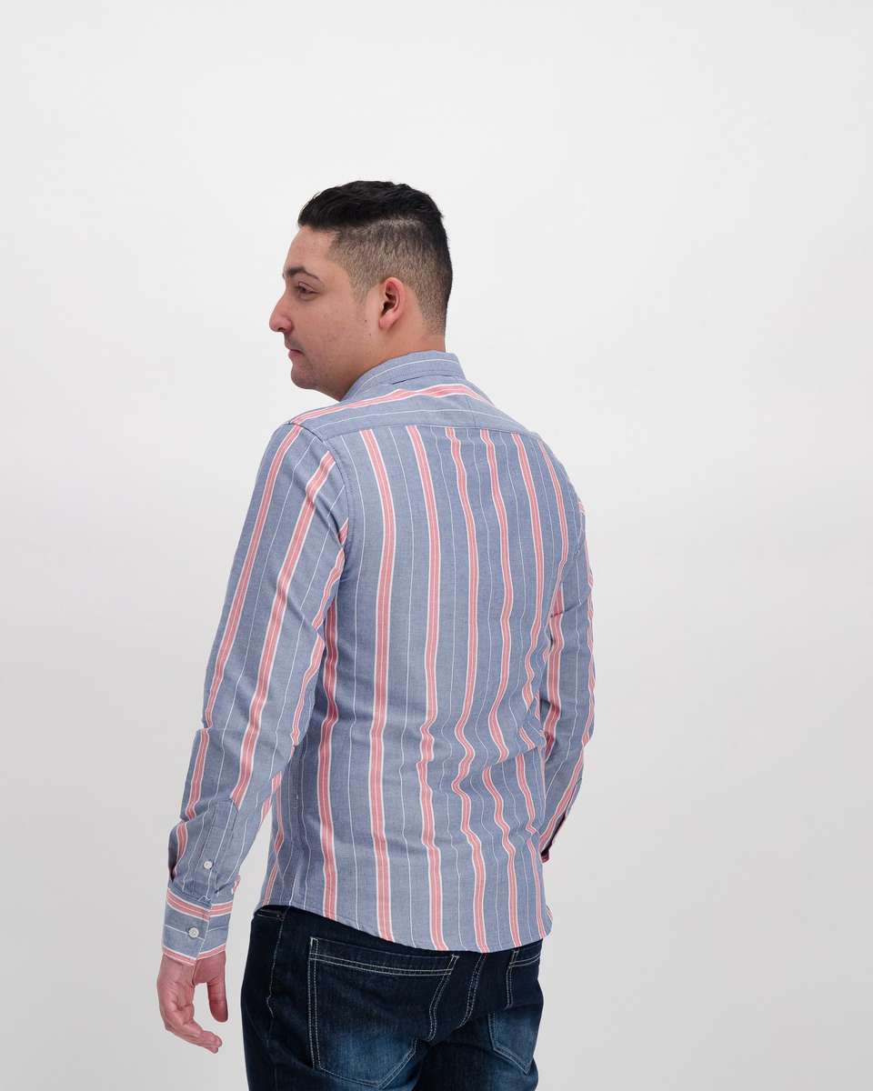 Brave Soul Striped Long Sleeve Oxford Shirt - Blue (M)