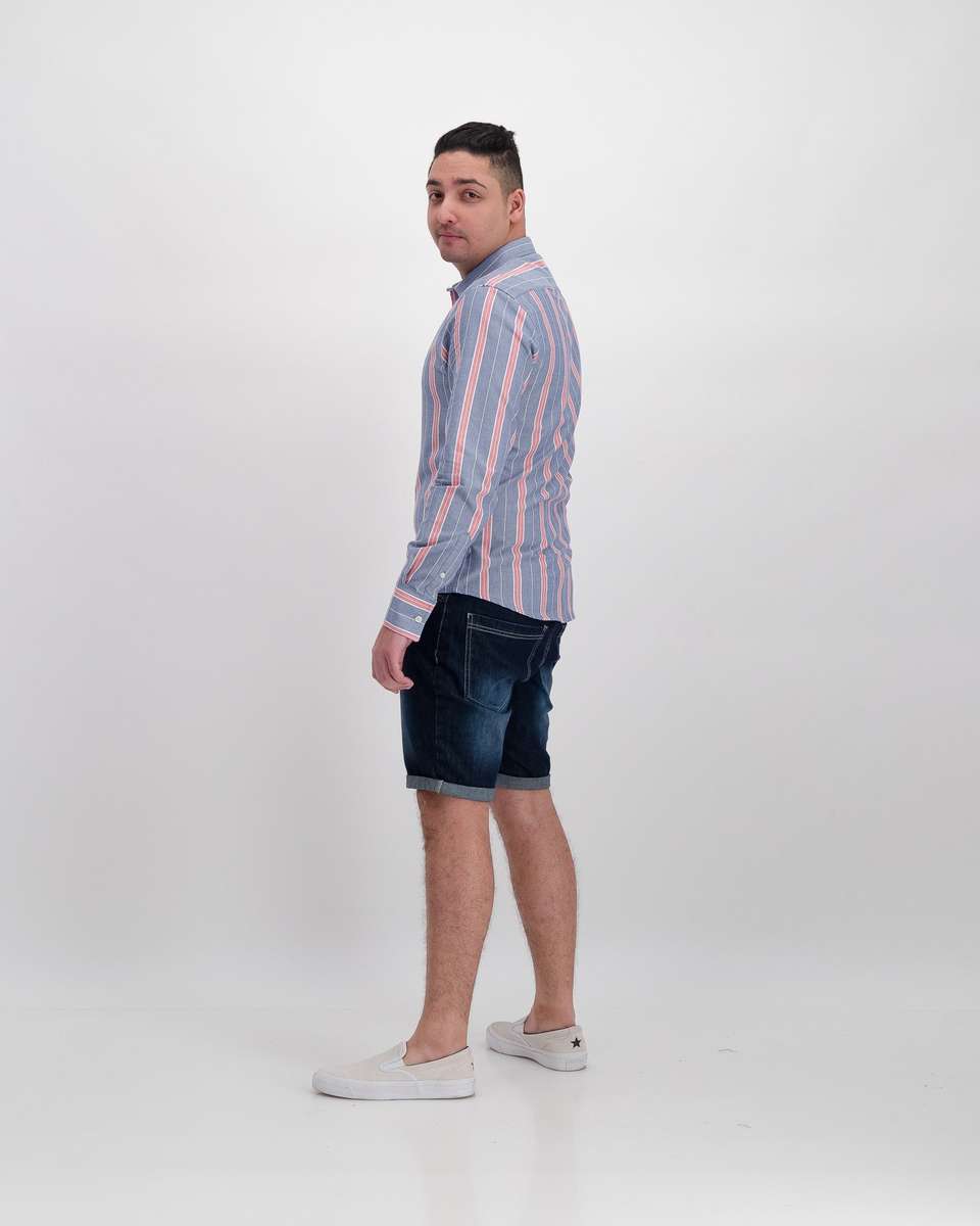 Brave Soul Striped Long Sleeve Oxford Shirt - Blue (M)