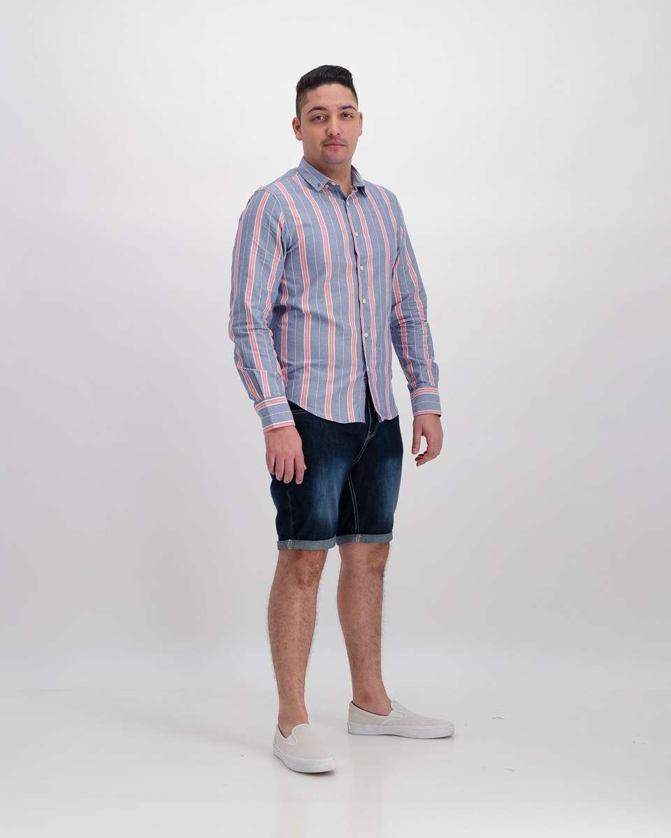 Brave Soul Striped Long Sleeve Oxford Shirt - Blue (M)