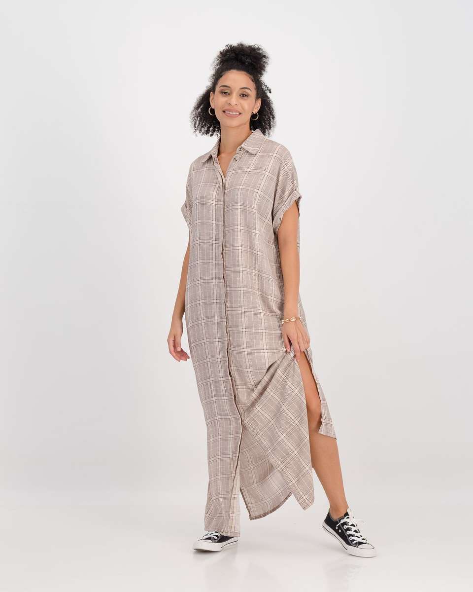 Miss Mode Maxi Shirt Dress - Brown Check (XL)