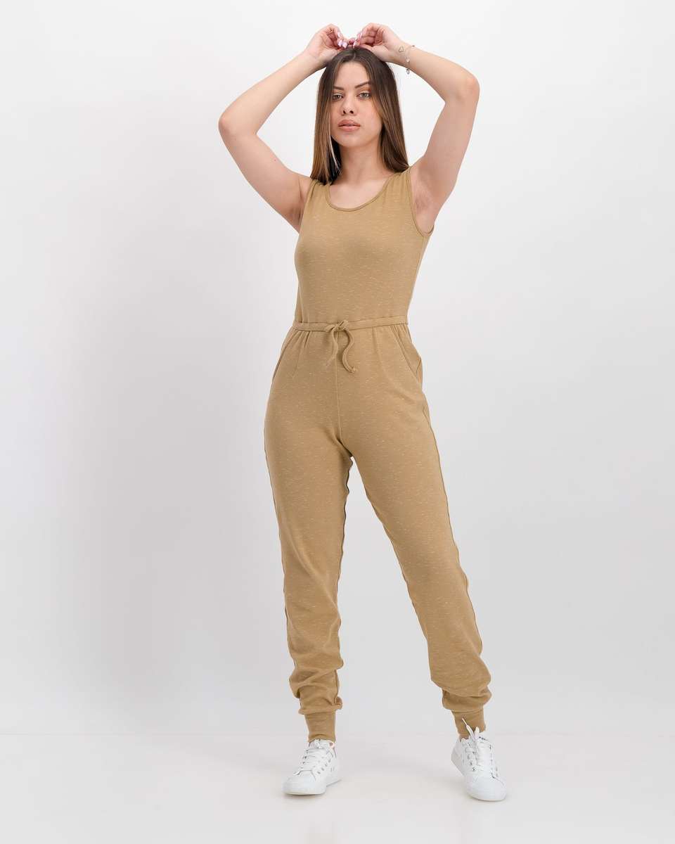 Miss Mode Sleeveless Rib Jumpsuit - Taupe (XS)