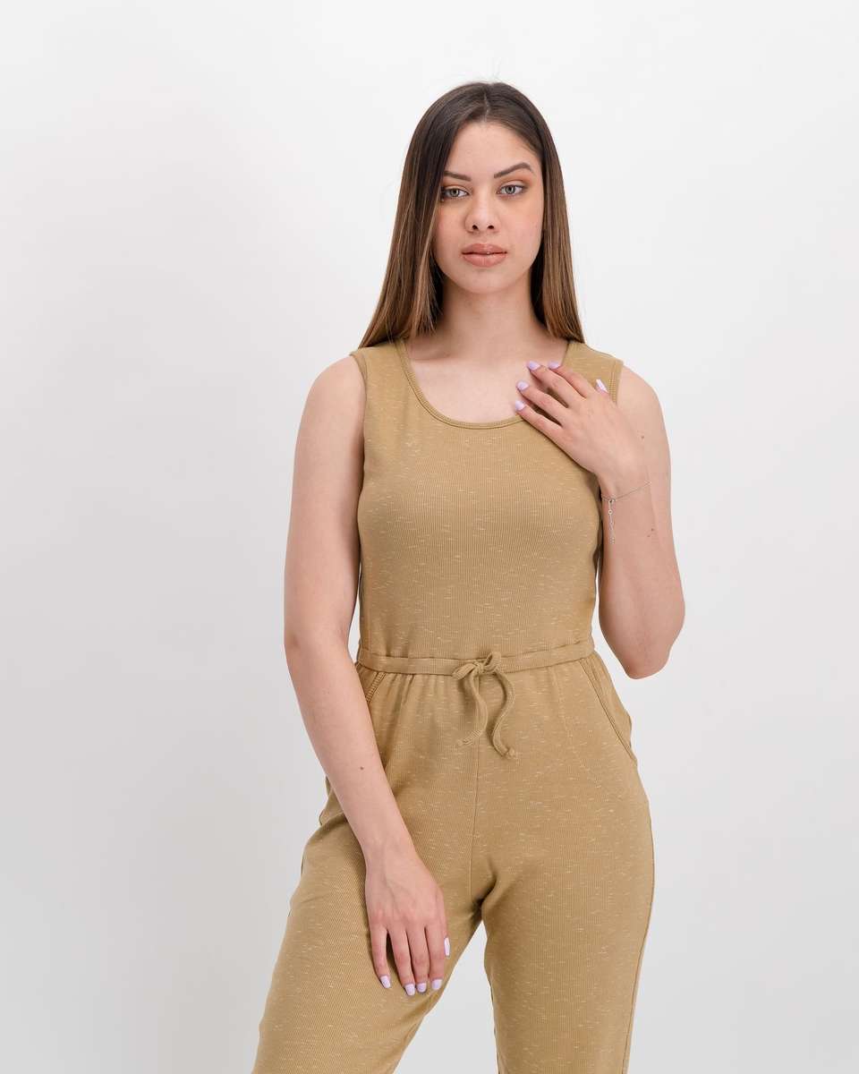 Miss Mode Sleeveless Rib Jumpsuit - Taupe (XS)
