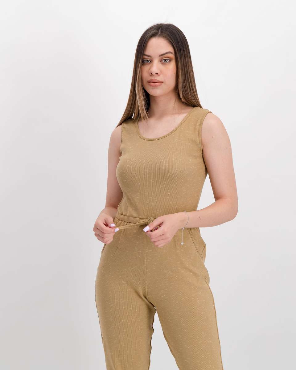Miss Mode Sleeveless Rib Jumpsuit - Taupe (XS)