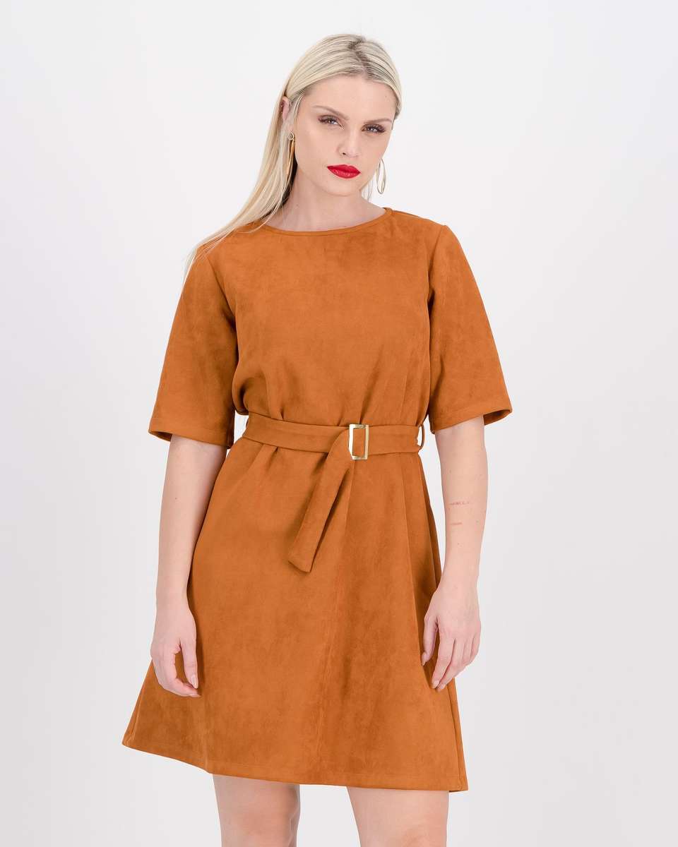 Style Mode Suede Shift Dress with Belt - Rust (42)