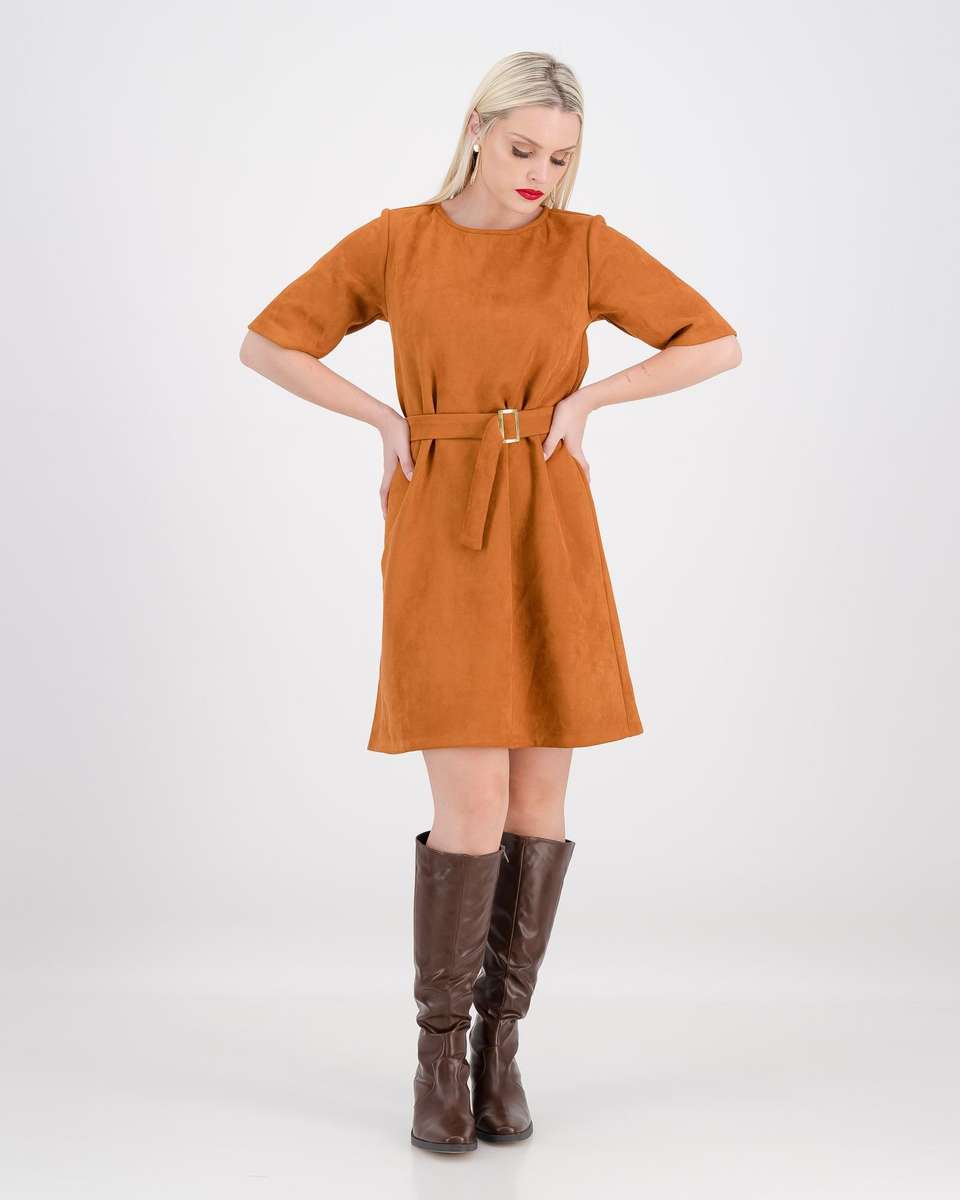 Style Mode Suede Shift Dress with Belt - Rust (42)