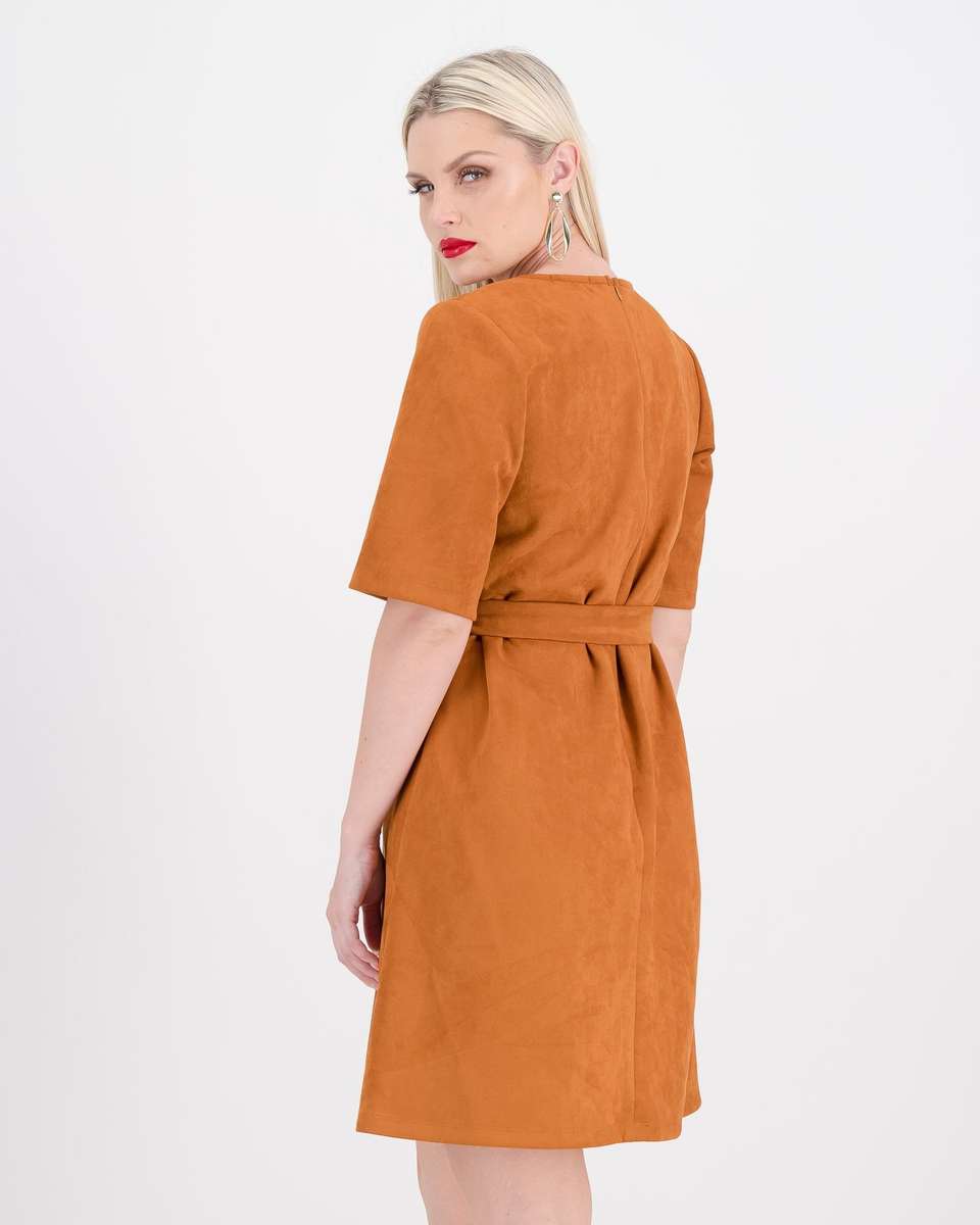 Style Mode Suede Shift Dress with Belt - Rust (42)