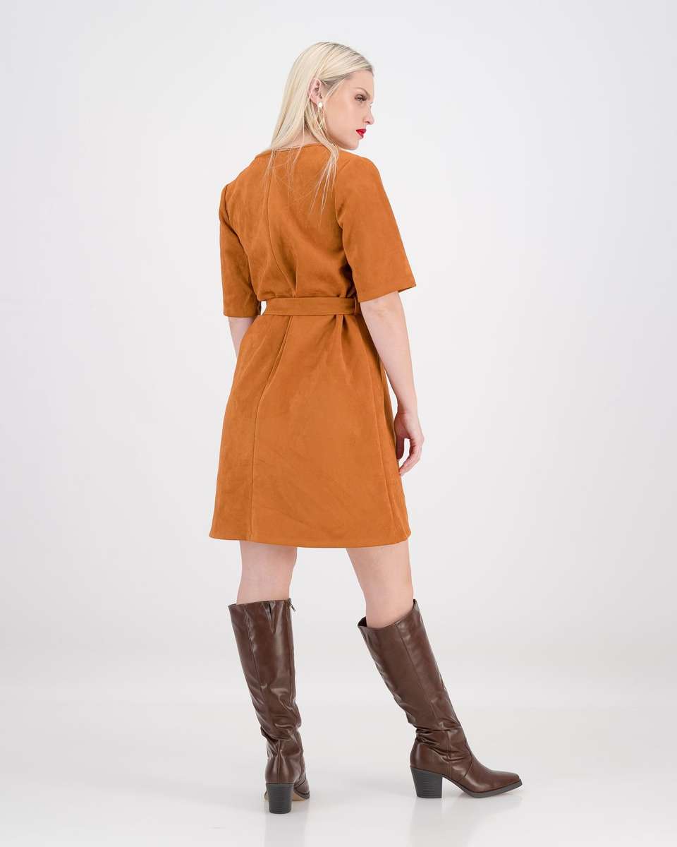 Style Mode Suede Shift Dress with Belt - Rust (42)