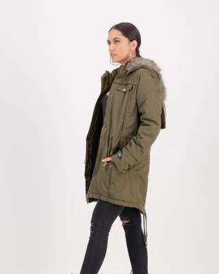 Brave Soul Allure Parka Coat With Chunky Faux Fur Trim (Khaki)(12)