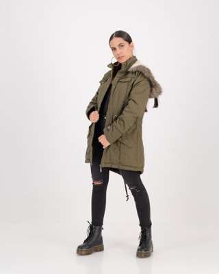 Brave Soul Allure Parka Coat With Chunky Faux Fur Trim (Khaki)(12)