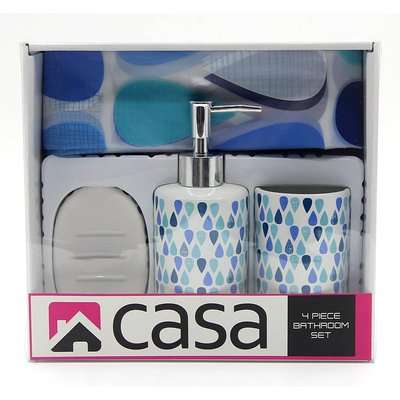 Casa Ceramic Bathroom Set with Shower Curtain (Blue Drops)
