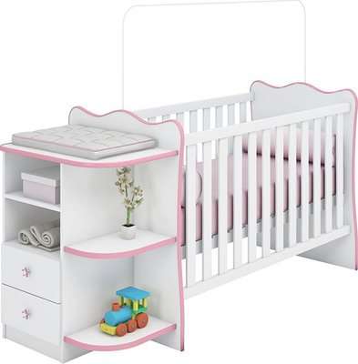 Linx Doce Sonho Baby Crib and Corner Chest of Drawers (White | Pink)
