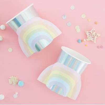 Pastel Party -  Iridescent Foiled Paper Cups with Pastel Rainbows (8 Pack)