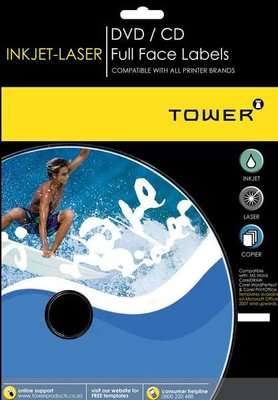 Tower W250 Inkjet-Laser DVD/CD Full Face Labels (100 sheets)(117mm)