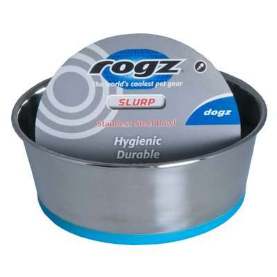 Rogz Stainless Steel Slurp Dog Bowl - Large 1700ml (Blue Base)