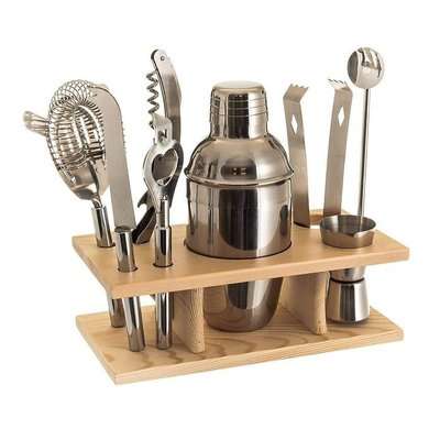 Gift Tribe Wooden Display Stainless Steel Cocktail Set (350ML) (8 Piece)