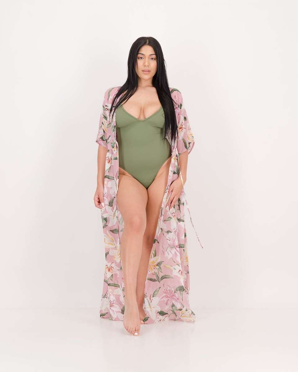 LaMode Long Length Blouse With Kimono Sleeve - Pink Print (36)