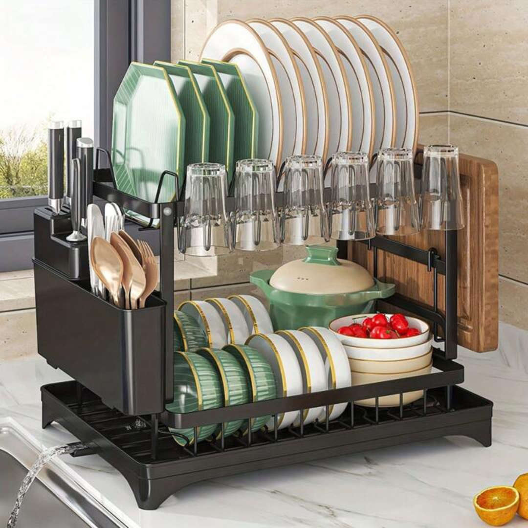 2-Tier Dish Drying Rack with Cutlery Holder & Drain Tray