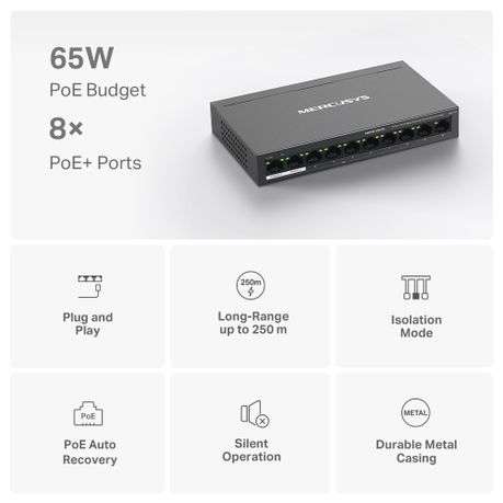 Mercusys - Tp-Link - Mercusys MS110P 10-Port 10/100Mbps Desktop Switch with 8-Port PoE+ - Mercusy...