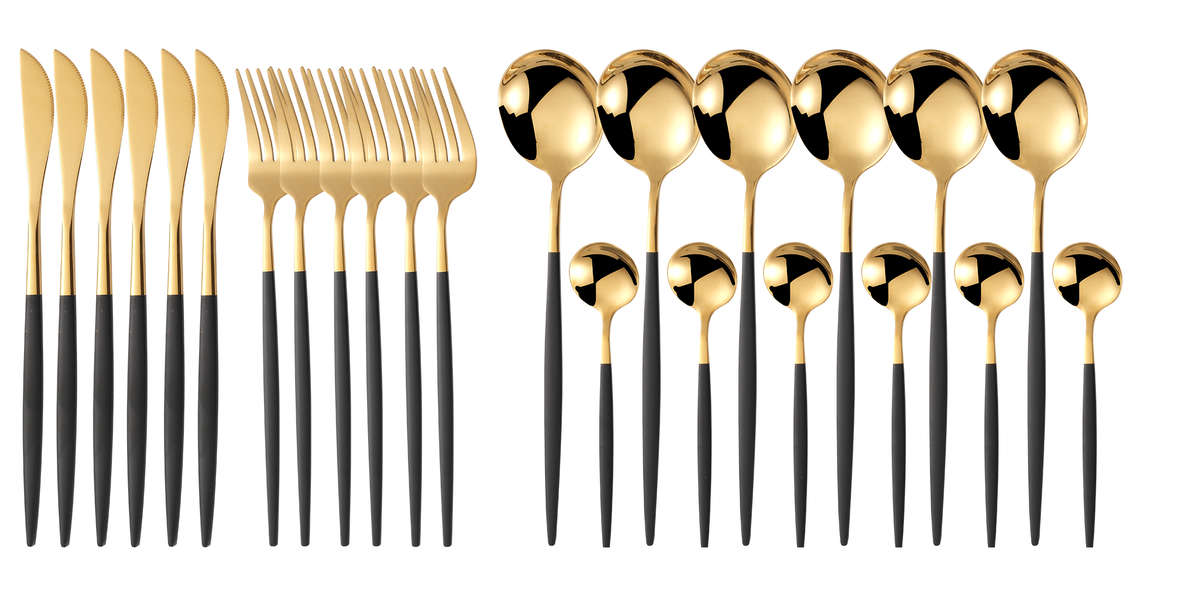 Jane Becker 24-Piece Stainless Steel Cutlery Set - Premium Quality - Black & Gold