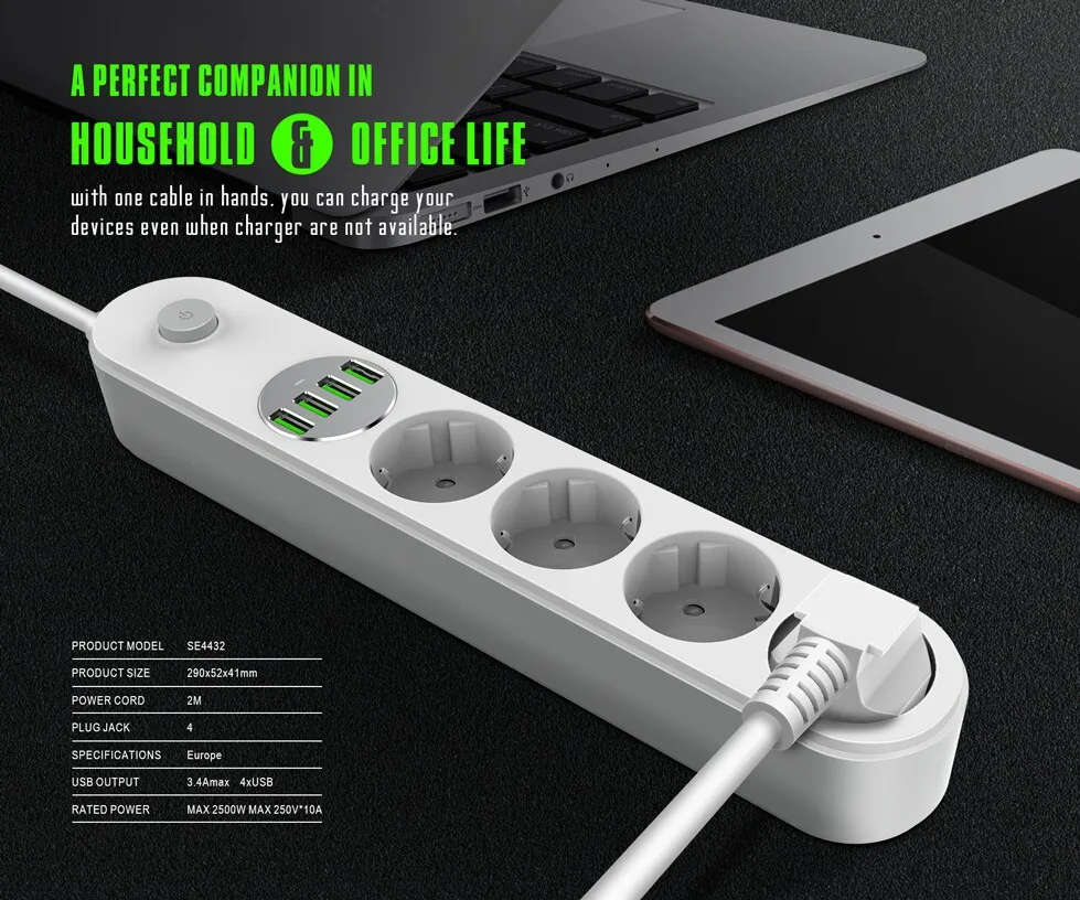 LDNIO Dual Power Socket 4 Fast Charging USB Port & 4 Socket 2400W
