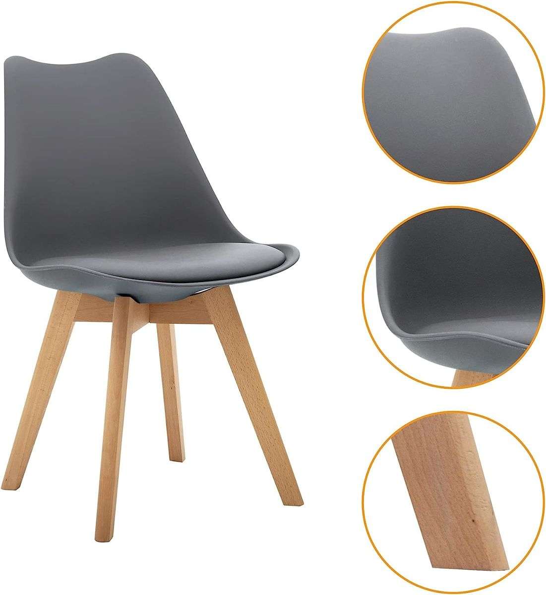 Dining Chairs Set - 4 Pack - Soft Padded Shell Chair with Wood Legs - Grey