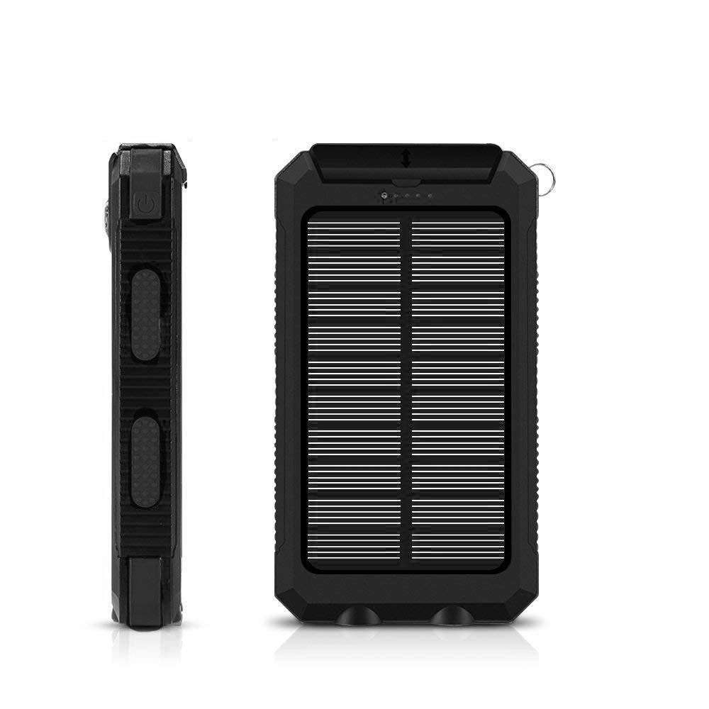 13000mAh Solar Powered Power Bank - Dual USB Output and Flashlight - Black