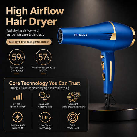 High-Airflow Ionic Hair Dryer with 6 Settings & 2 Nozzles, Blue/Gold