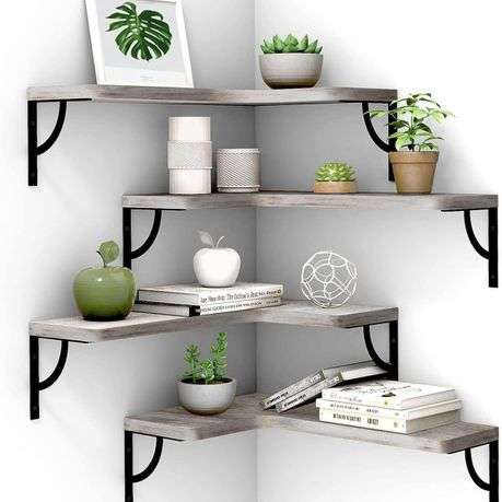 4 Piece Rustic Finish Mounted Storage Corner Floating Wall Shelf (WHITE WOOD COLOR)