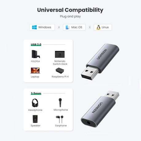 Ugreen - CM383-80864 USB-A to 3.5mm Audio Jack External Sound Adapter - Silver - Ugreen - CM383-8...