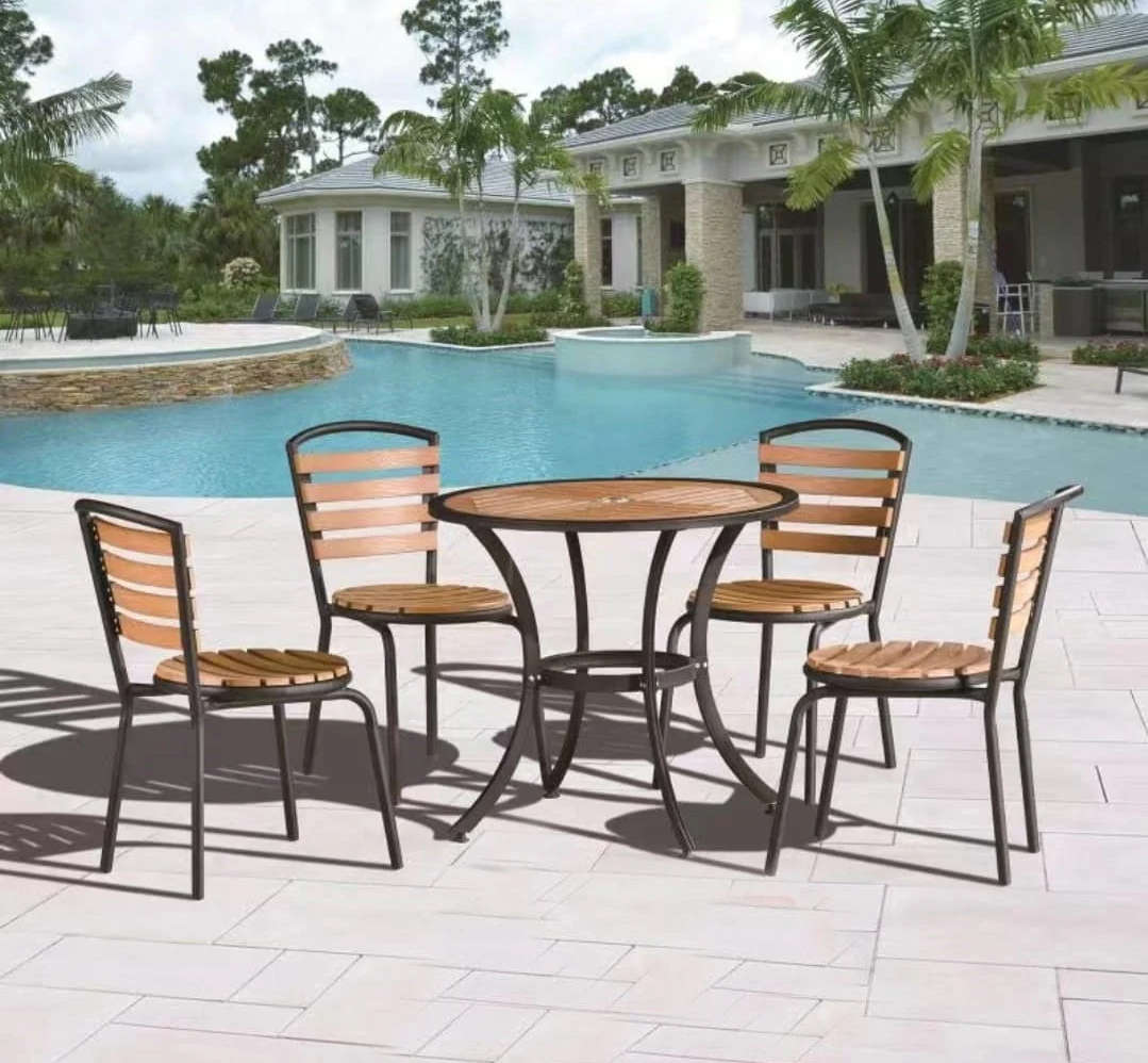 4 Seater Wooden Outdoor Patio Dining Set with Metal Frame - Garden Table & 4 Chairs