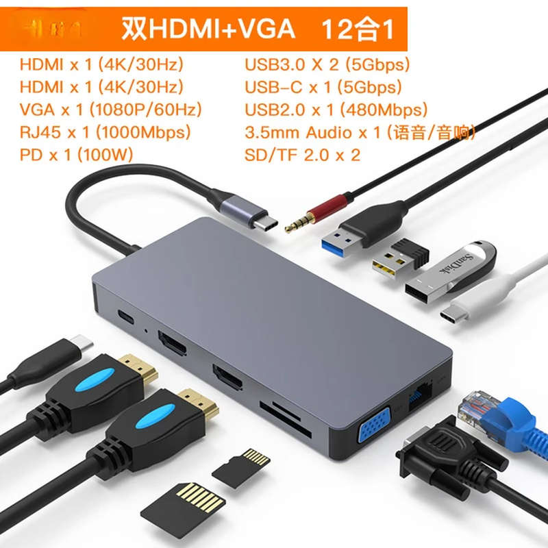 12 IN 1 USB C HUB Type-c To Dual HDMI-compatible Display Docking Station