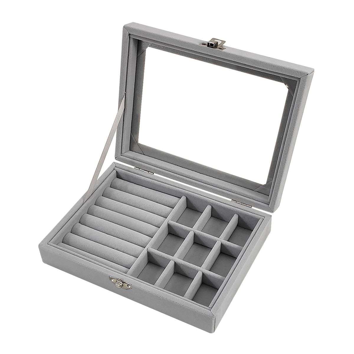 Compact Velvet Fabric Jewelry Storage Organizer Display Box-9 Grids-Grey