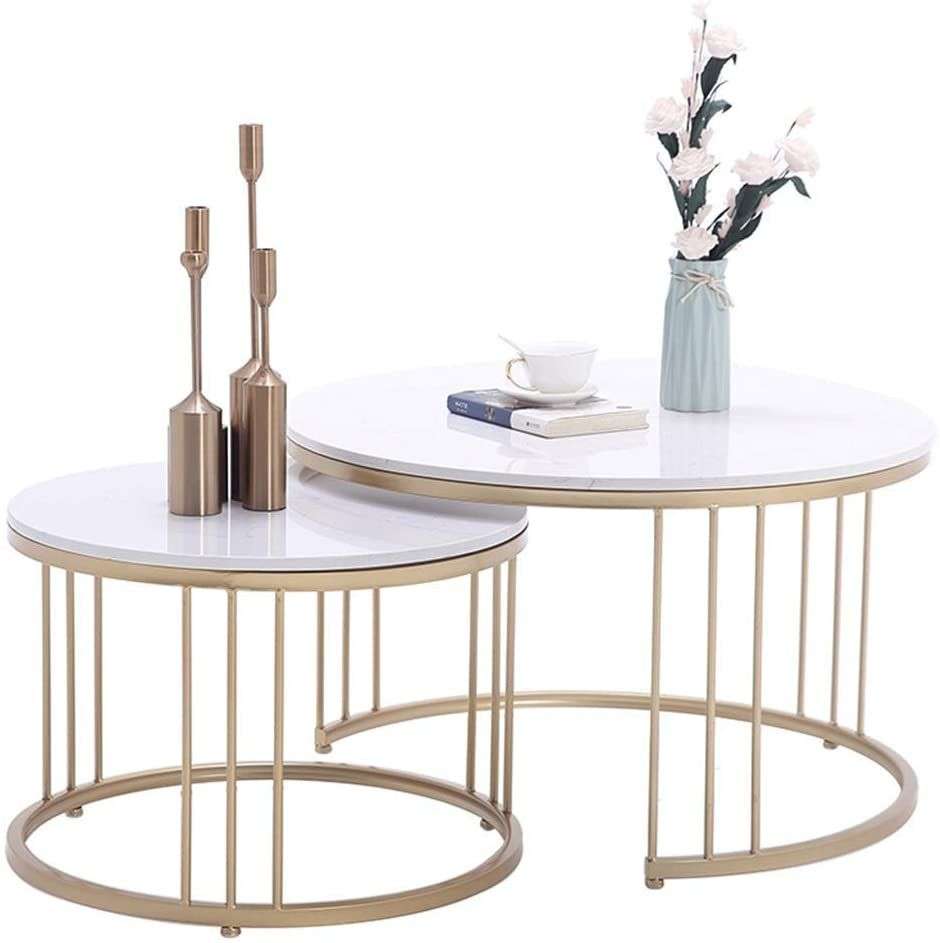 Coffee Table Set of 2  Rounded Marble Top  White / Gold Colours
