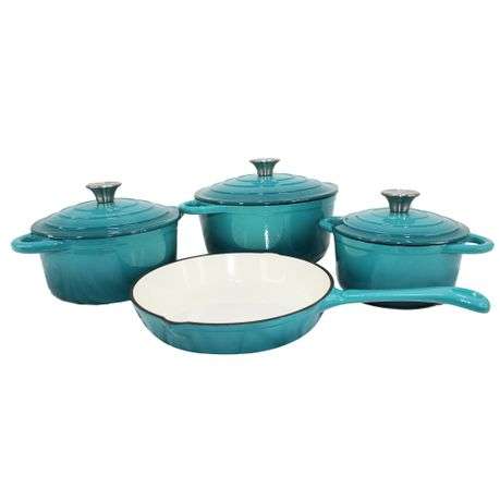 LMA 7 Piece Cast Iron Dutch Oven Cookware Set - Turquoise (PLEASE READ DESCRIPTION)
