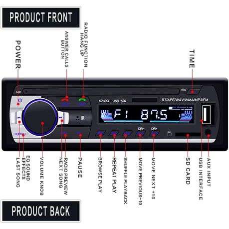 12V Bluetooth Car Stereo with FM Radio, USB, SD & AUX Playback