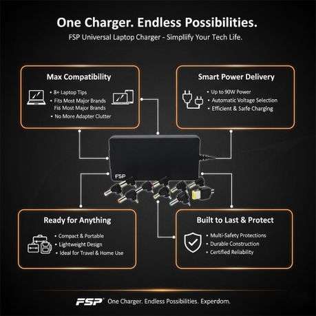 FSP - NB PRO 90W Universal Laptop Adapter - Black - FSP - NB PRO 90W Universal Laptop Adapter - B...