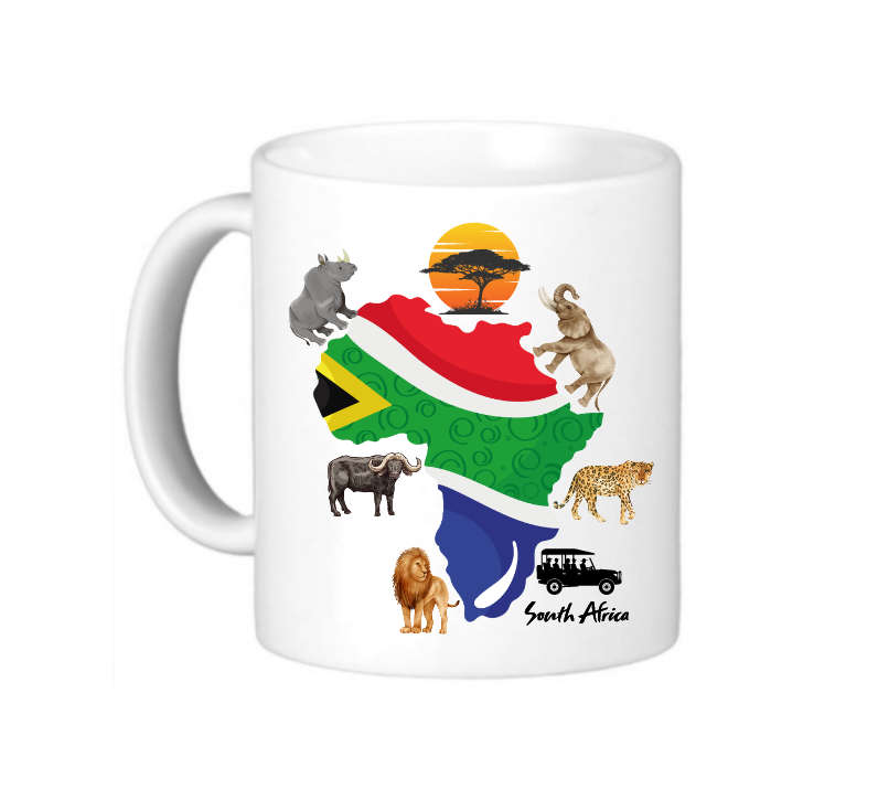 South African Safari Mug Set - Big 5 Animals & Map Design - 4 Ceramic Cups