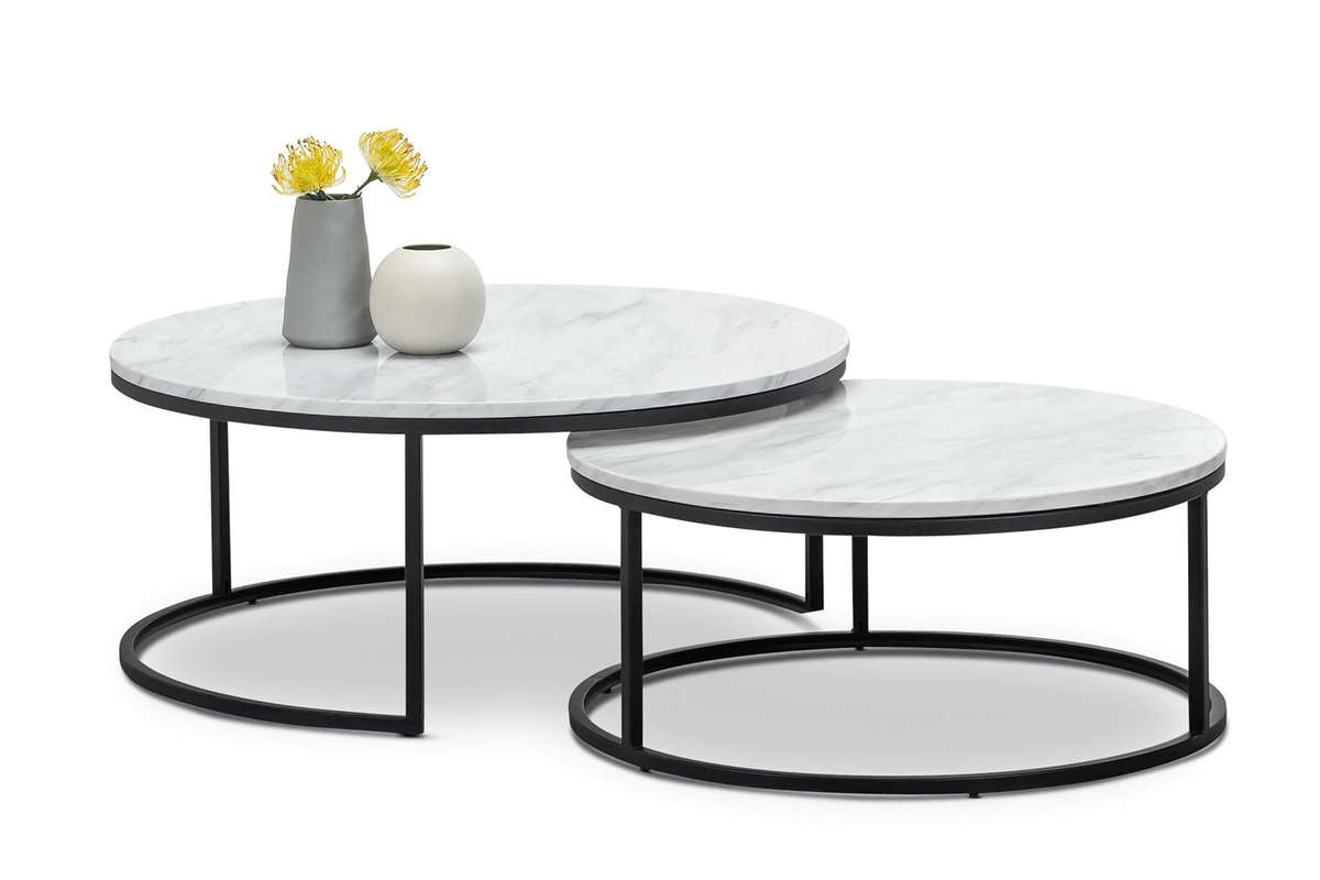 Coffee Tables- Nesting 2 Pack  Rounded Marble Top  White / Black Colours