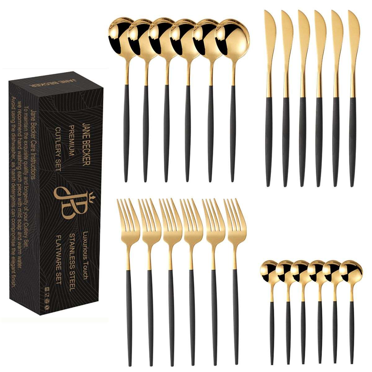Jane Becker 24-Piece Stainless Steel Cutlery Set - Premium Quality - Black & Gold