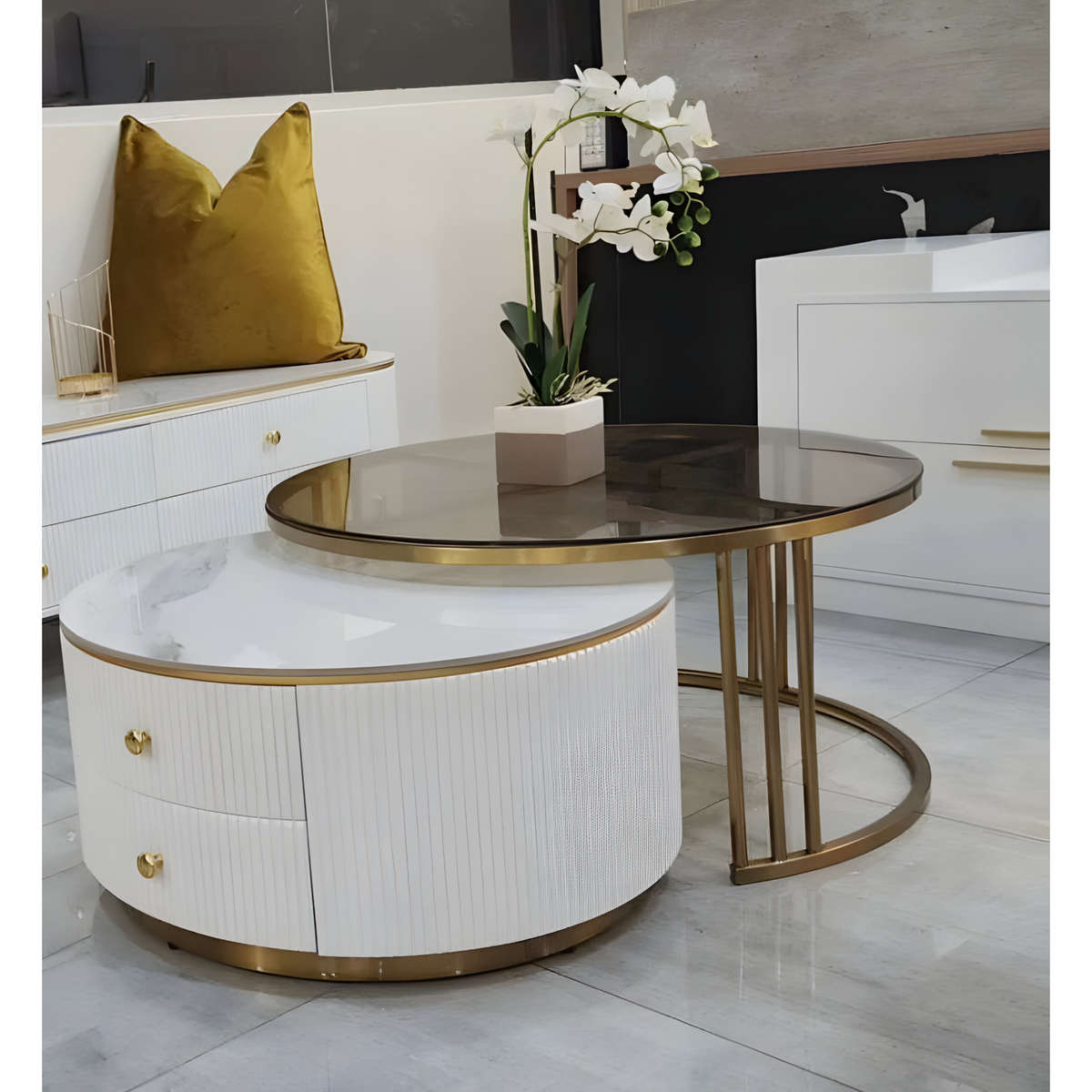 Modern Nesting Round Glass Top Coffee Table with Marble Top 2 Drawer Table