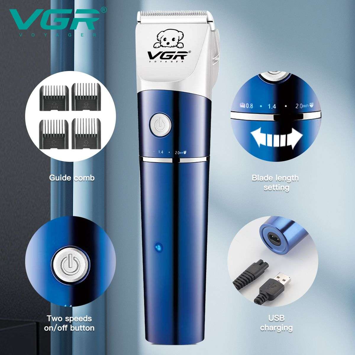 VGR Pet Hair Trimmer Clipper: 4-Comb Set with Ceramic Blade & Free Key Ring