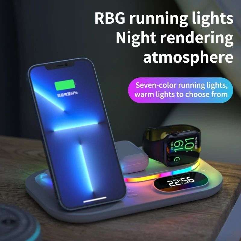 Andowl 30W 4 in 1 Wireless Charging Dock With RGB Lights and Clock