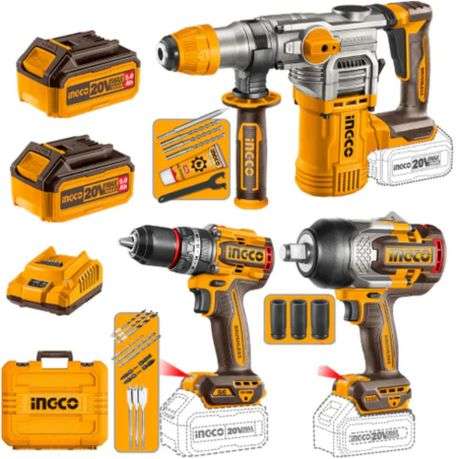 Ingco - Cordless Rotary Hammer, Impact Wrench & Impact Drill Combo - 20V - Ingco - Cordless Rotar...