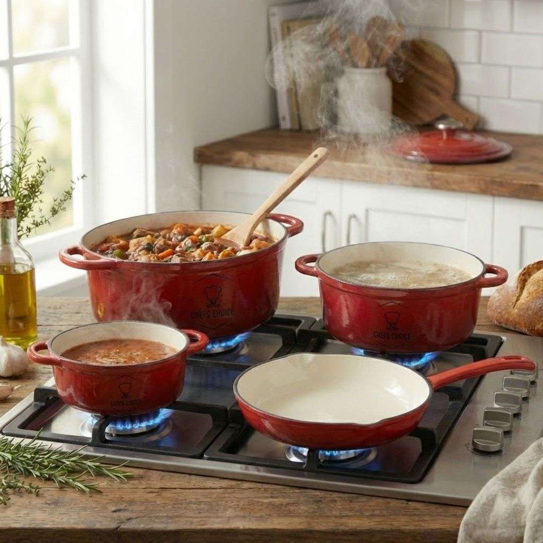7 Piece Cast Iron Cookware Dish Pot Set - Red
