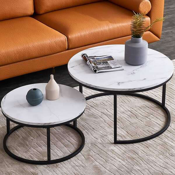 Coffee Tables- Nesting 2 Pack  Rounded Marble Top  White / Black Colours