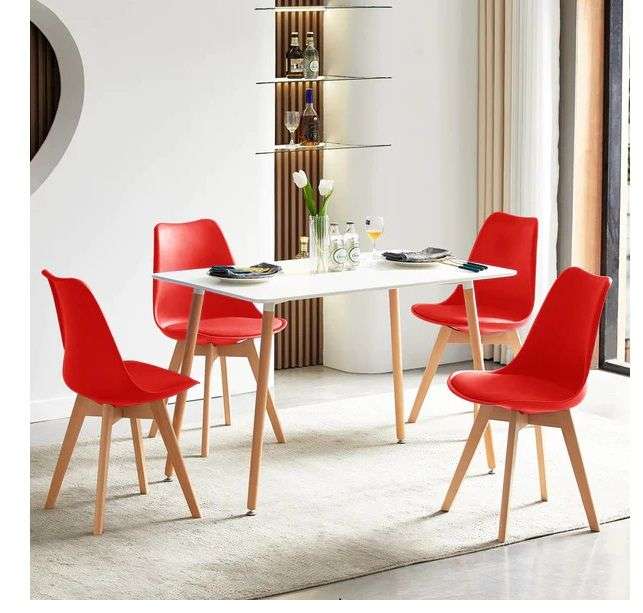 Dining Sets - Rectangular Dining Table with Four Padded Red Chairs