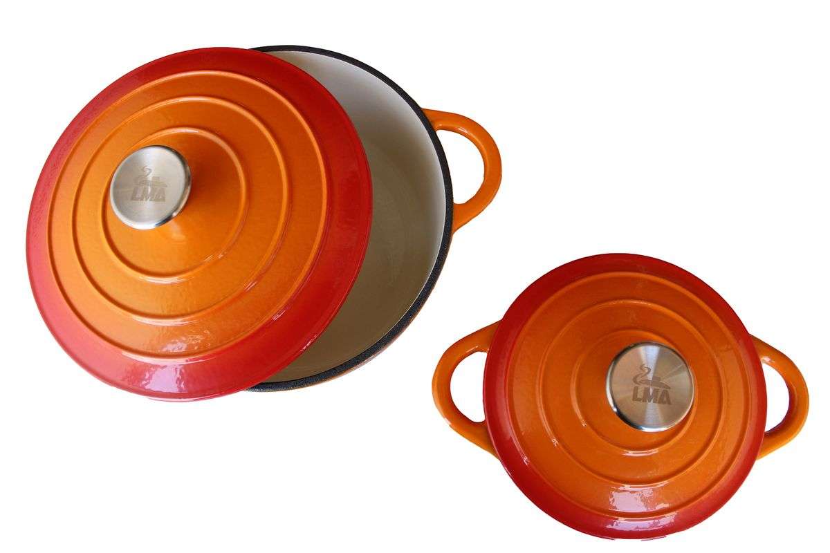 LMA Branded 7 Piece Cast Iron Dutch Oven Cookware Set - Sunset Orange (